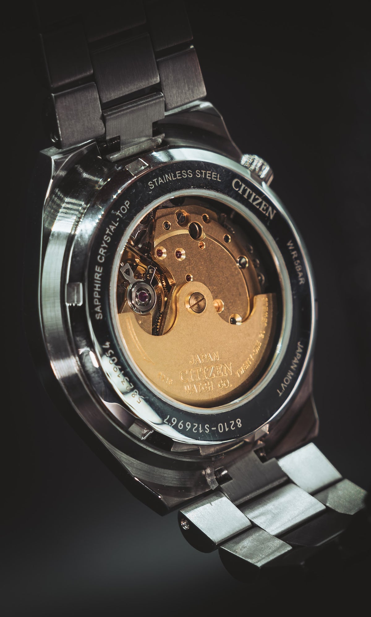 Exhibition caseback showing the Citizen automatic movement