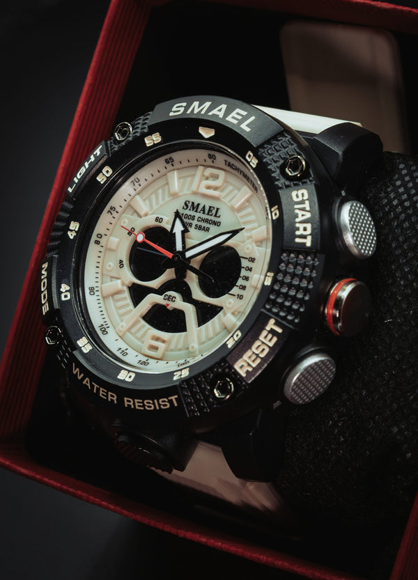 SMAEL sports watch with a white dial and black case